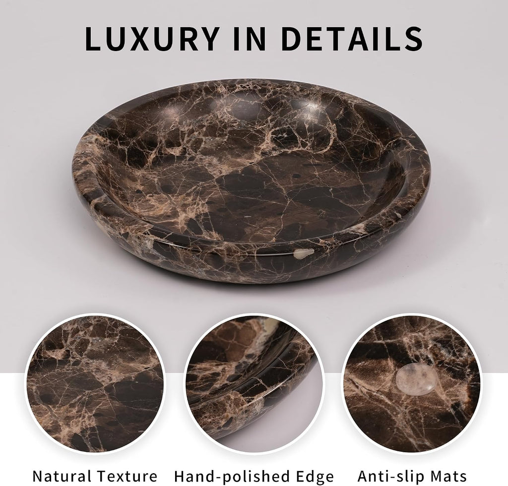 Brown Marble Jewelry Tray - Stone Trinket Ring Key Purse Holder Dish, Small Cute Round Plate Decorative Bowl