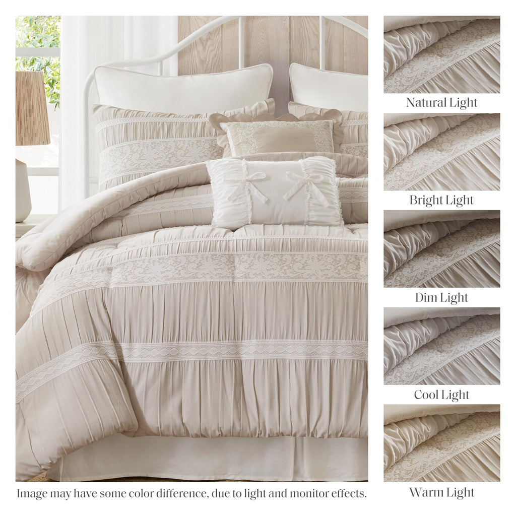 Park 5-Piece Farmhouse Comforter Set with Ruching & Lace Trim, Soft Chambray Bedding, Includes Comforter and 2