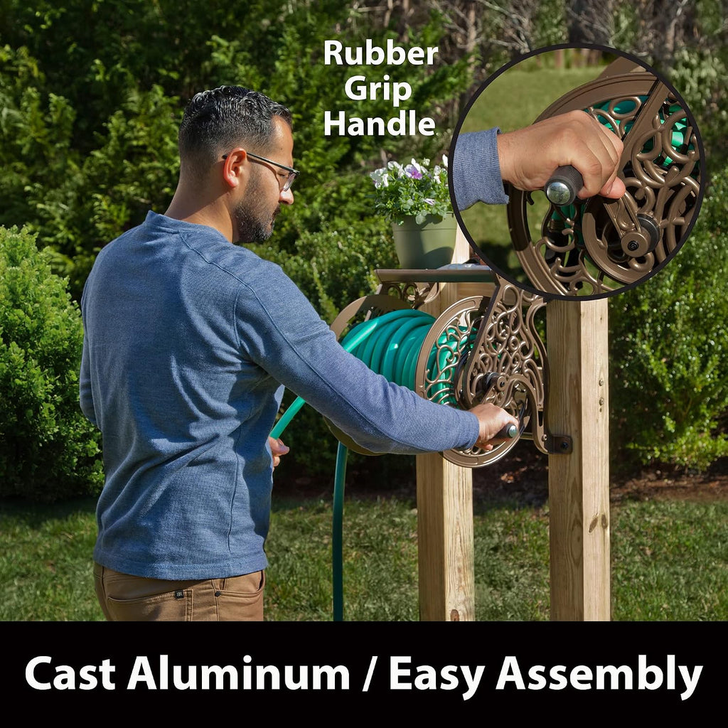 704 Decorative Cast Aluminum Wall Mount Garden Hose Reel, Holds 125-Feet of 5/8-Inch Hose - Bronze