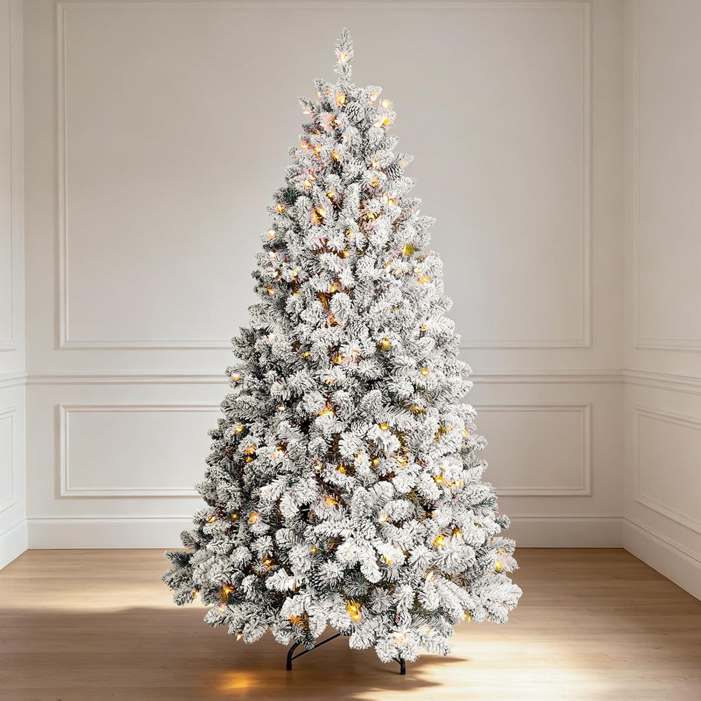 Pre-lit Flocked Christmas Tree, Artificial Christmas Tree with Lights, Snow Frosted Christmas Trees Pre-lit