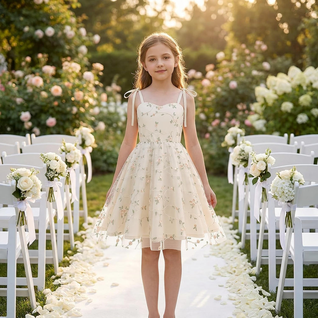 Embroidery Flower Girl Lace Dess for Kids Party Wedding Bridesmaid Tulle Dresses Princess Pageant Birthday Floral Gown