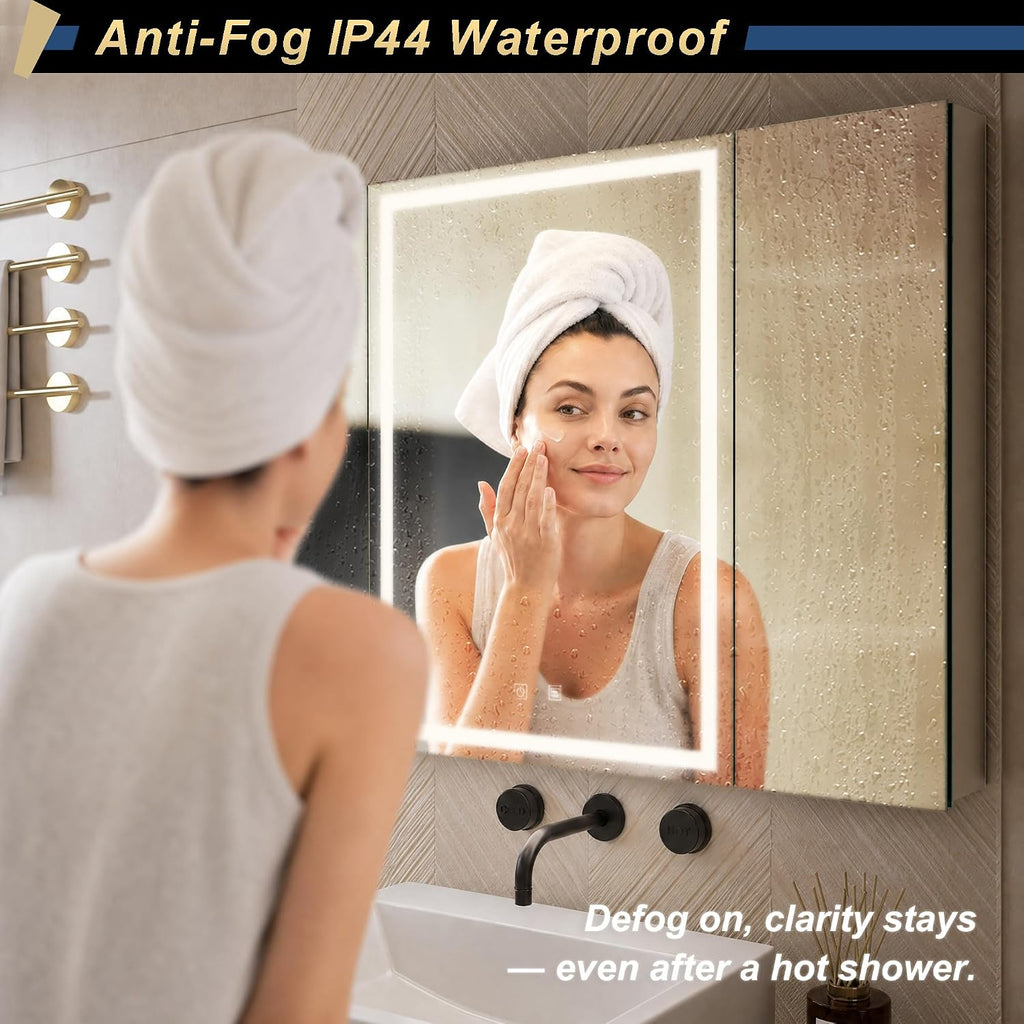 40*28 inch Three-door Aluminum LED Lighted Bathroom Medicine Mirror Cabinet | Light Adjustable, Sockets & USBs
