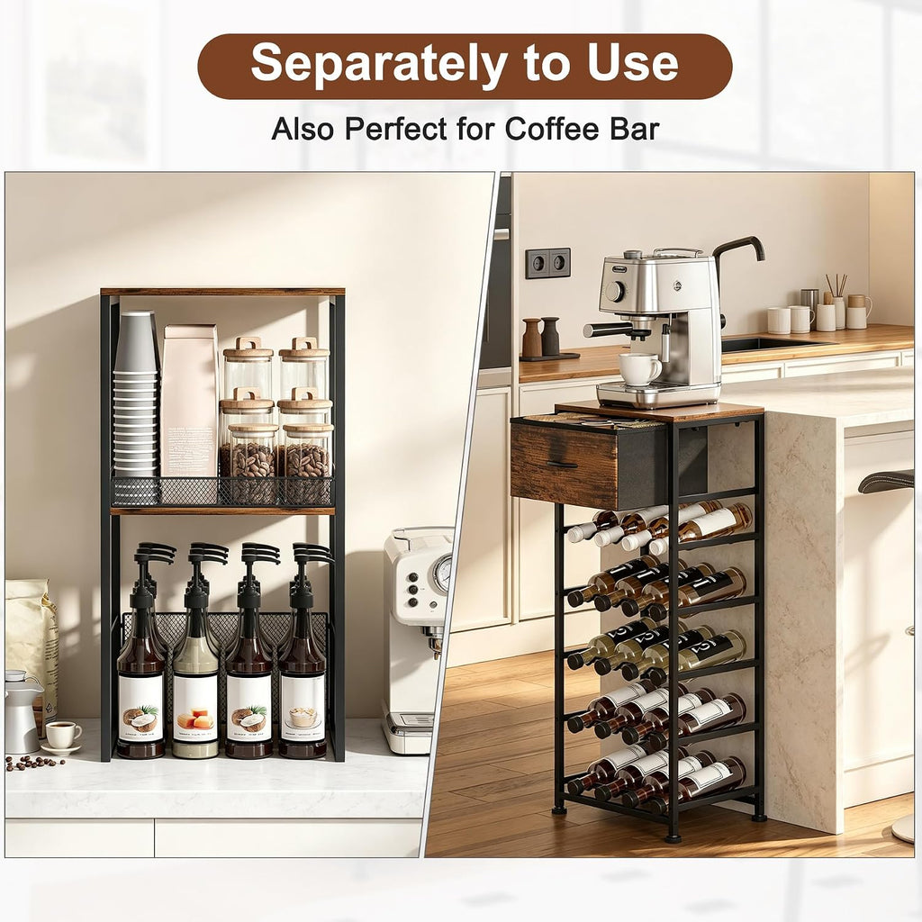 7-Tier Wine Rack Freestanding Floor Liquor Cabinet Bar | 2-in-1 Modular Split, 40 Bottles Display Shelf, Wooden Wine