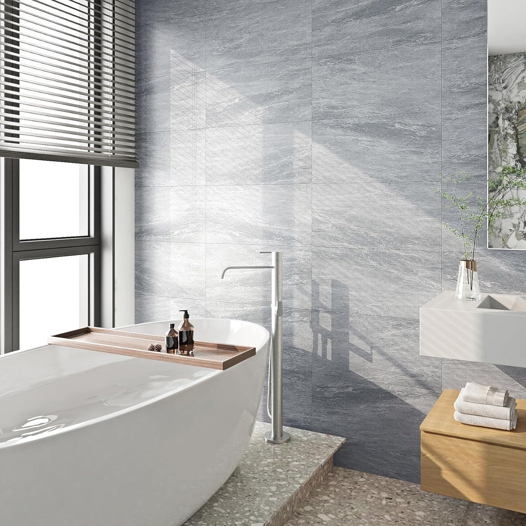 15 Pcs 12"x24" Flooring Tile Peel and Stick Floor Tile Waterproof Grey Marble Vinyl Flooring Peel and Stick Wall