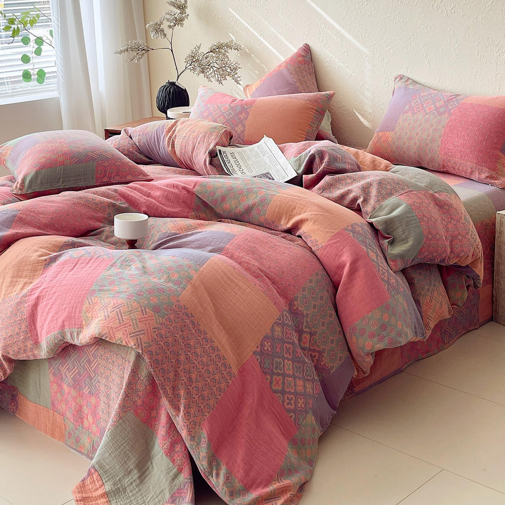 100% Cotton Double Layer Yarn Duvet Cover Set, Vintage Patchwork Floral Jacquard Textured Comforter Cover, Reversible