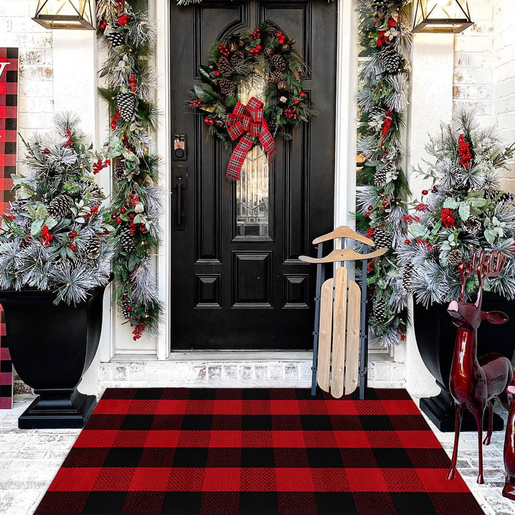 Christmas Door Mat Outdoor 27.5"x43" Buffalo Plaid Christmas Decor Rug Cotton Hand-Woven Layered Door Mats Washable