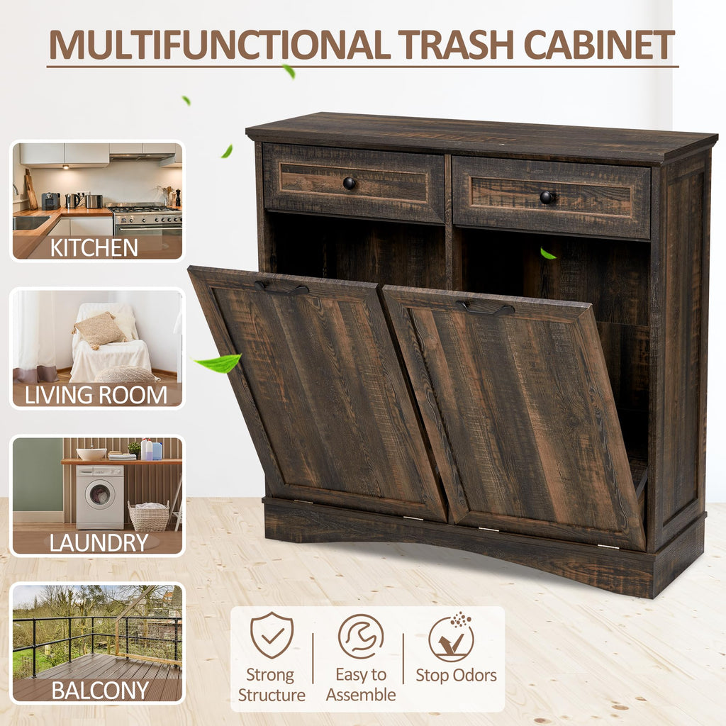 Double Tilt Out 2x13 Gallons Trash Can Cabinet, Rustic Brown