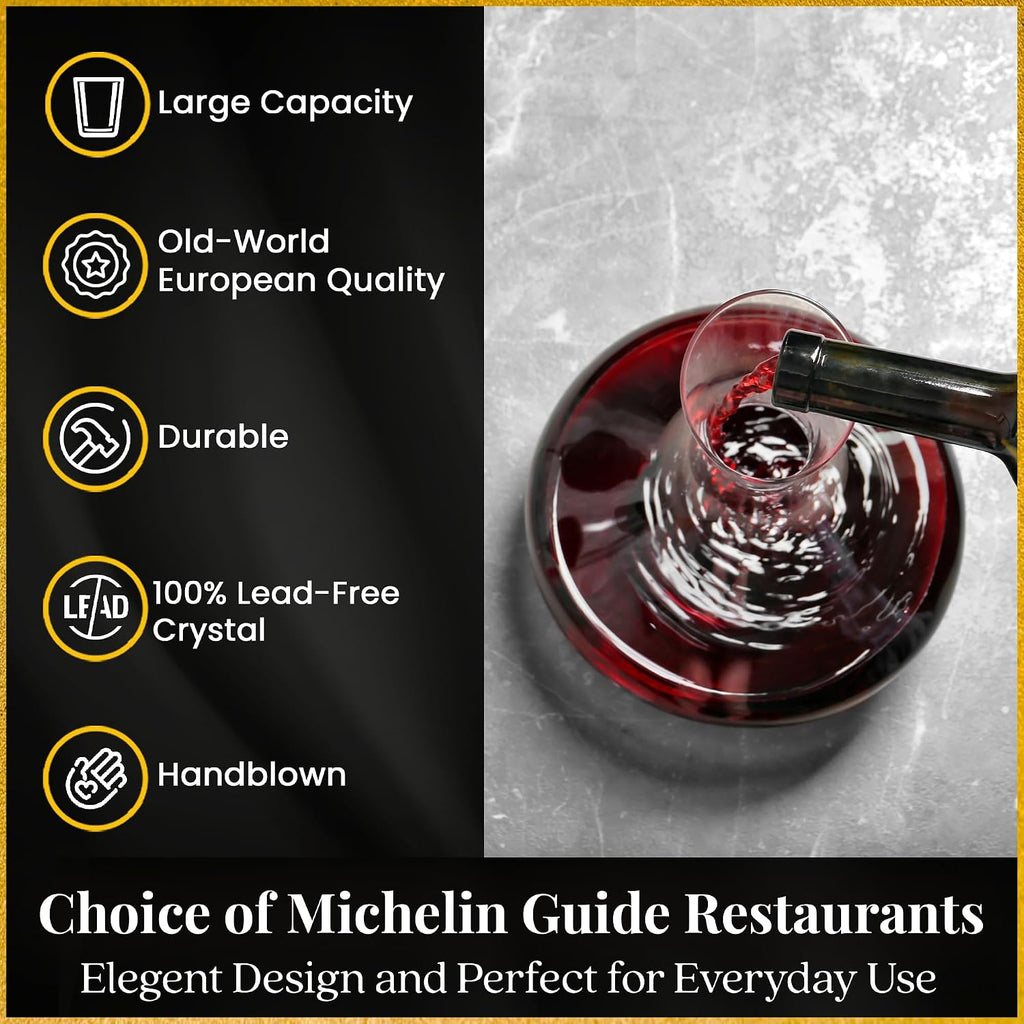Large Wine Decanter | Hand-Crafted in Europe | 66 FL Oz | Crystal Ground Stopper | Wide Base for Optimal Aeration