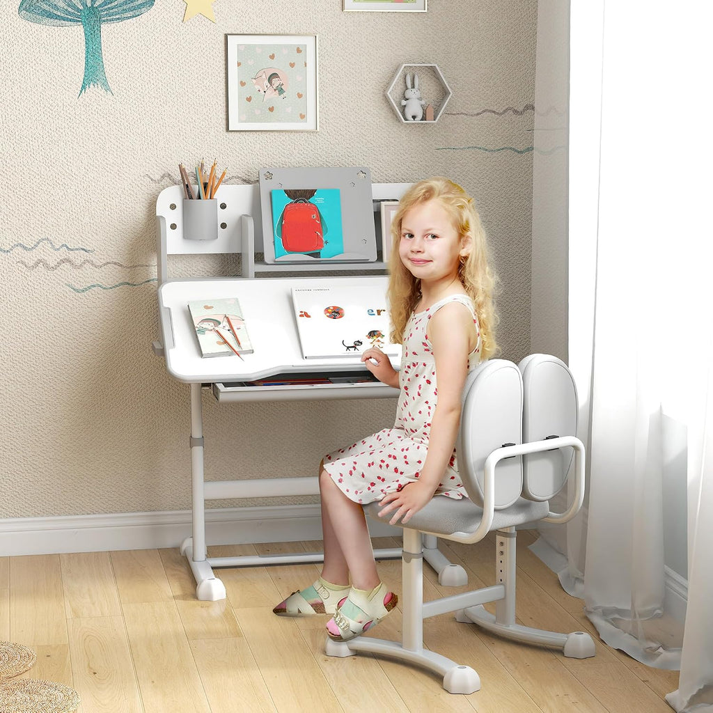Kids Desk and Chair Set Height Adjustable Tilt Desktop Gray