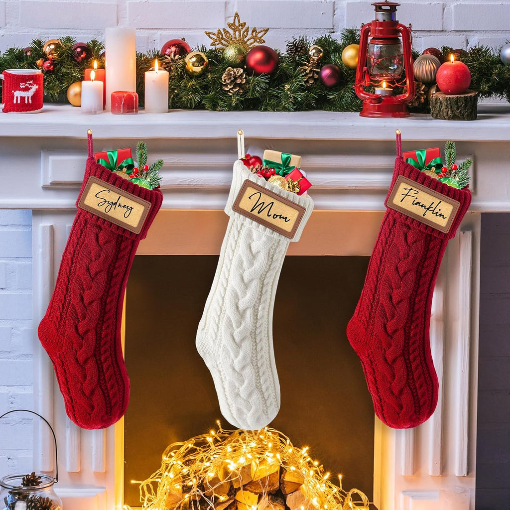Personalized with Leather Patches Name Family Christmas Stockings, 18.5" Large Knitted Xmas Stockings - Set of 4