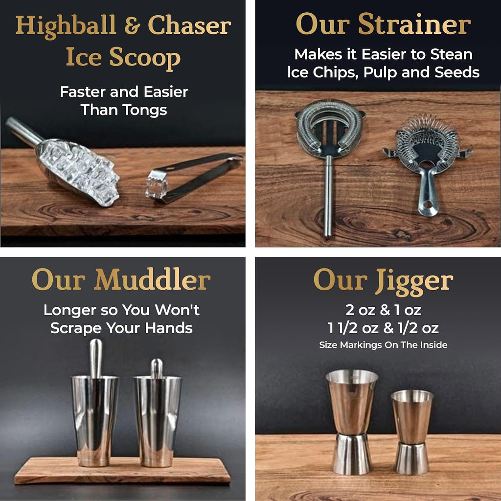 13-Piece Boston Cocktail Shaker Set Stainless Steel Mixology Bartender Kit With Stand Bar Cocktail Set | Laser - Set of 13