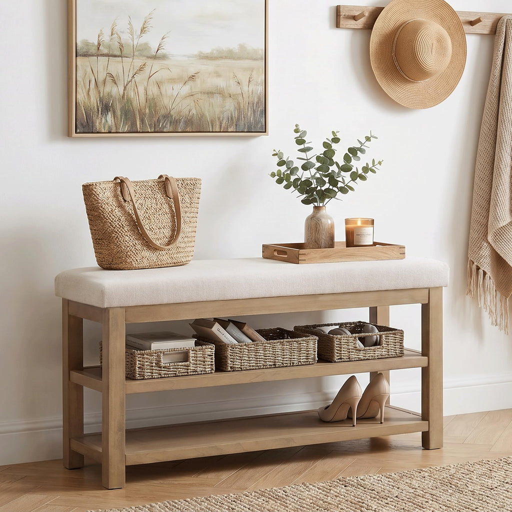 2 Tier Shoe Rack Bench with Cushion, Solid Wood Shoe Benches, Mid-Century Modern Shoe Storage Bench, Closet, Front