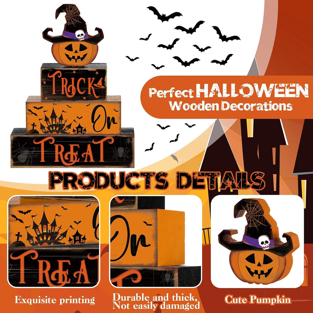 Halloween Table Decor Pumpkin Hat Wooden Sign Centerpiece - Set of 4