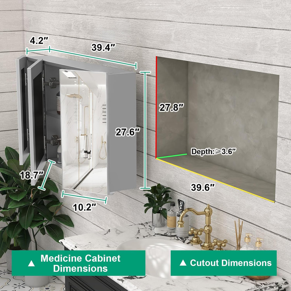 40 x 28 Farmhouse Medicine Cabinet, Tempered Frameless Bathroom Mirror with Storage, Silver Recessed or Surface Mount