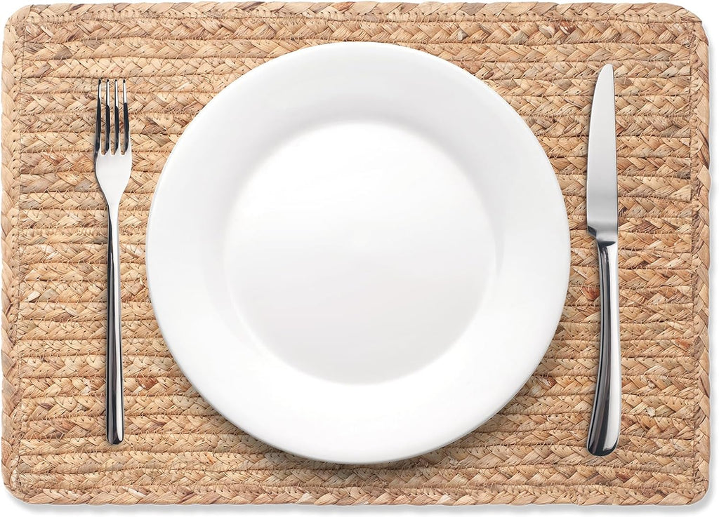 Woven Placemats Set of 6, 17" x 12" Rattan Table Mats, Natural Water Hyacinth Chargers for Dinner Plates, Wicker