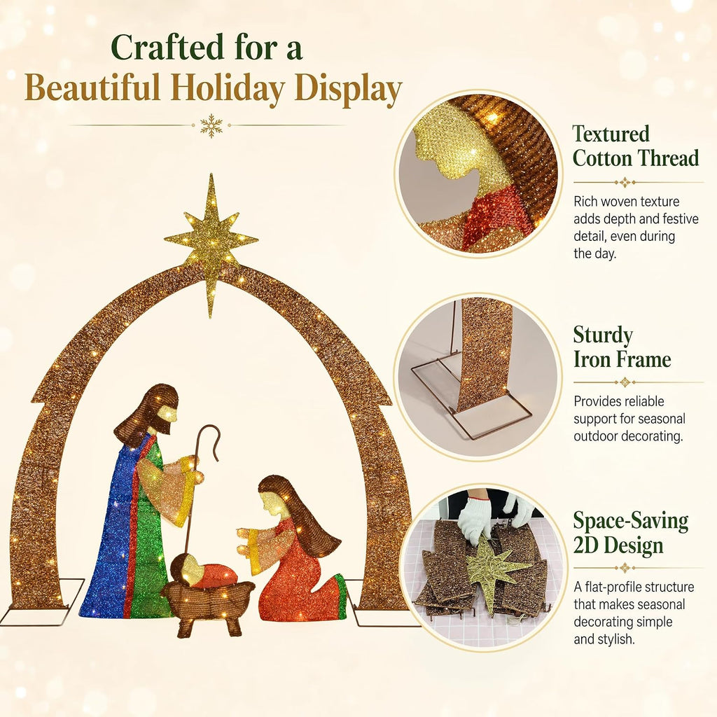 52" 2D Lighted Nativity Scene Outdoor Christmas Decorations, 90 LED Pre-Lit Champagne Gold & Multicolor Holy Family