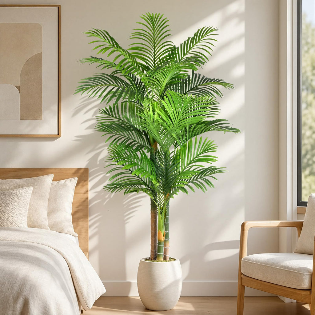 5FT Artificial Palm Tree - Tropical Faux Golden Cane Palm Tree UV Resistant Tall Fake Plant Indoor with Black Pot