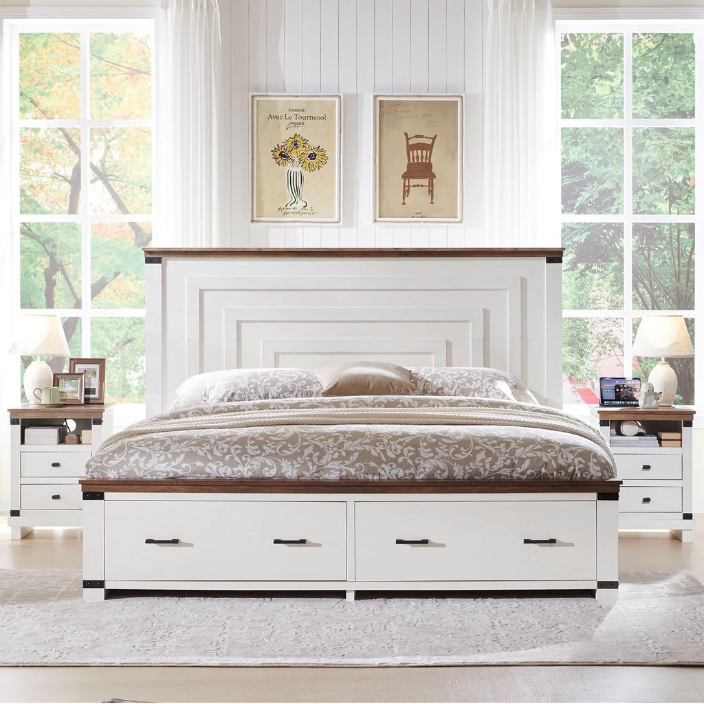 Farmhouse King Bed Frame with 54" Tall Geometric Headboard & 2 Large Storage Drawers, Rustic Wood Platform Bed with