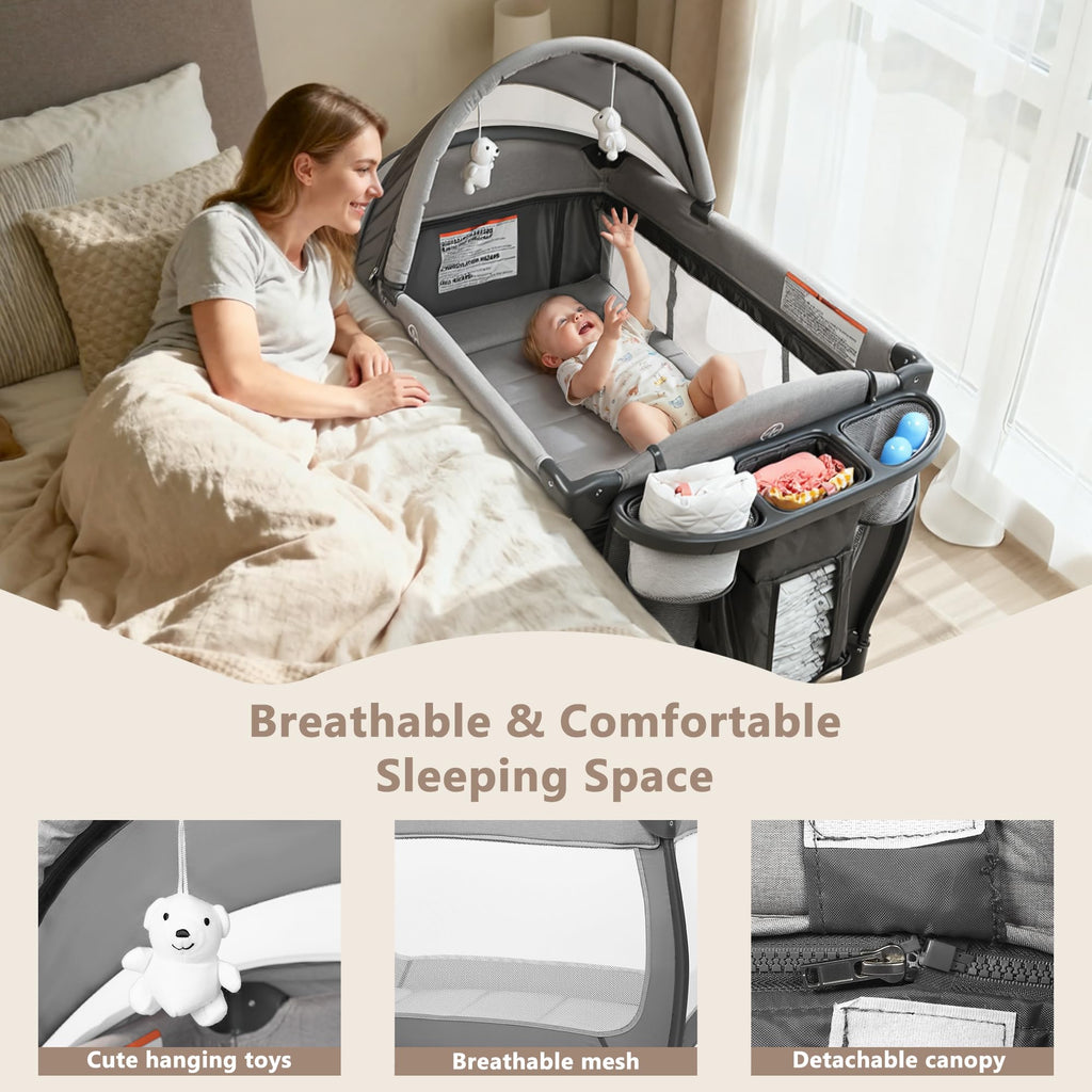 4 in 1 Portable Play Yard, Baby Playard w/Bassinet, Grey