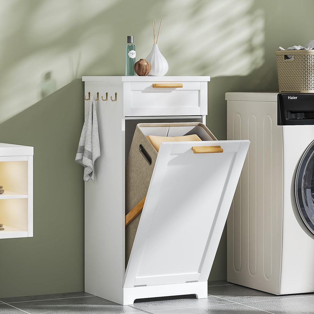 Tilt Out Laundry Hamper, 35" Bathroom Cabinet with Hidden Removable Basket, 1 Drawer and 4 Side Hooks for Storage