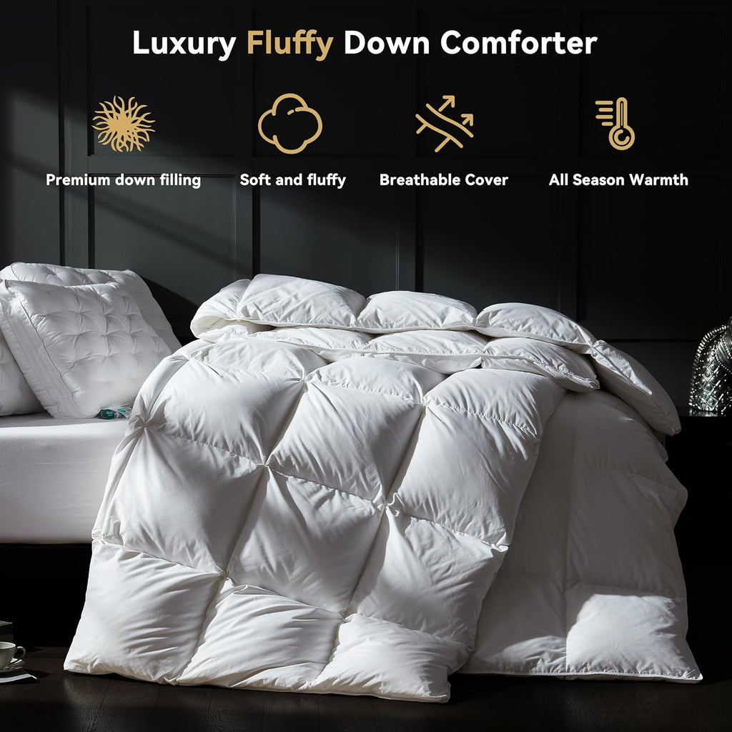 Luxury Goose Down Comforter Queen, Ultra-Soft Fluffy Duvet Insert for All Season