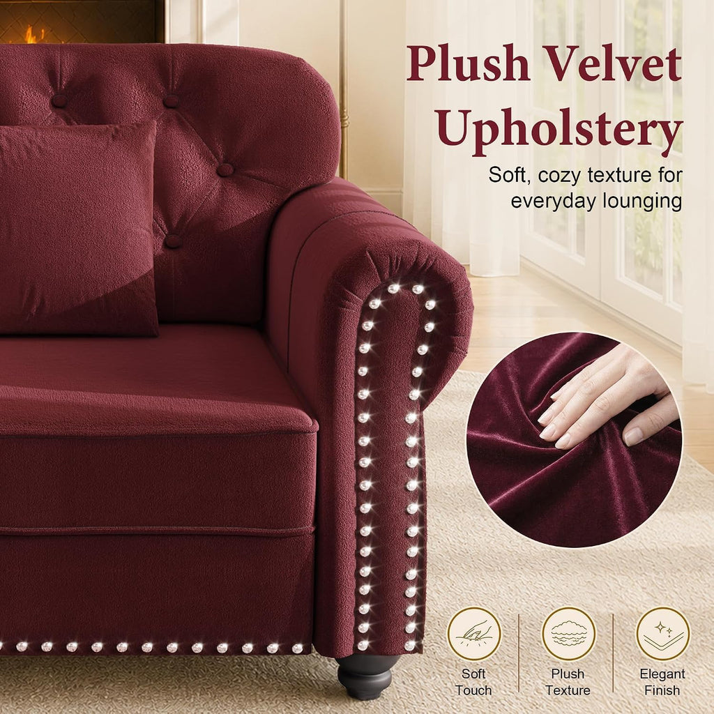 63" Velvet Chesterfield Sofa Couch with Rolled Arms & Nailhead Trim, 2-Seater Modern Upholstered Button Tufted