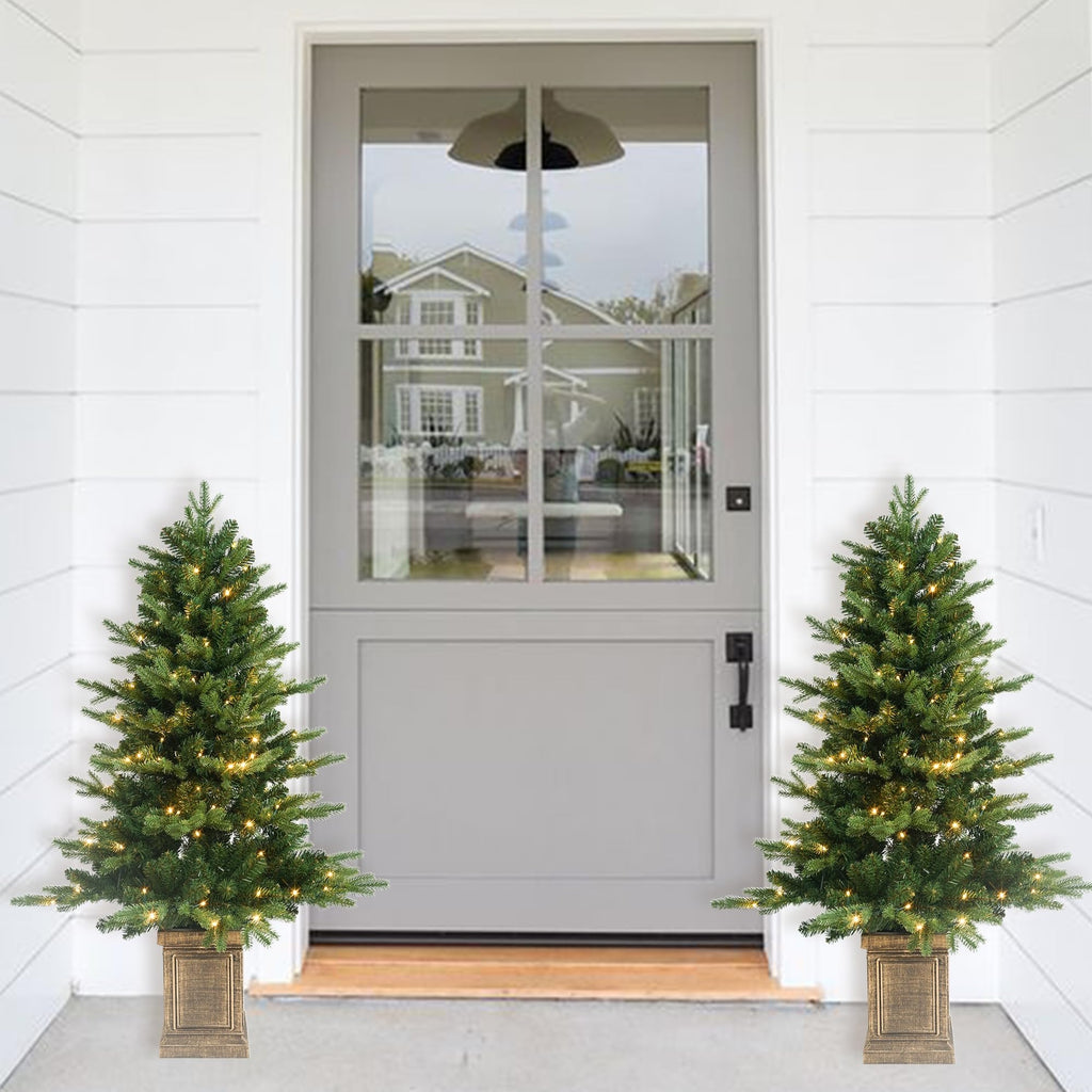 4FT Prelit Potted Christmas Tree with 100 LED, Artificial Christmas Tree Outdoor Indoor Decor, Battery Operated
