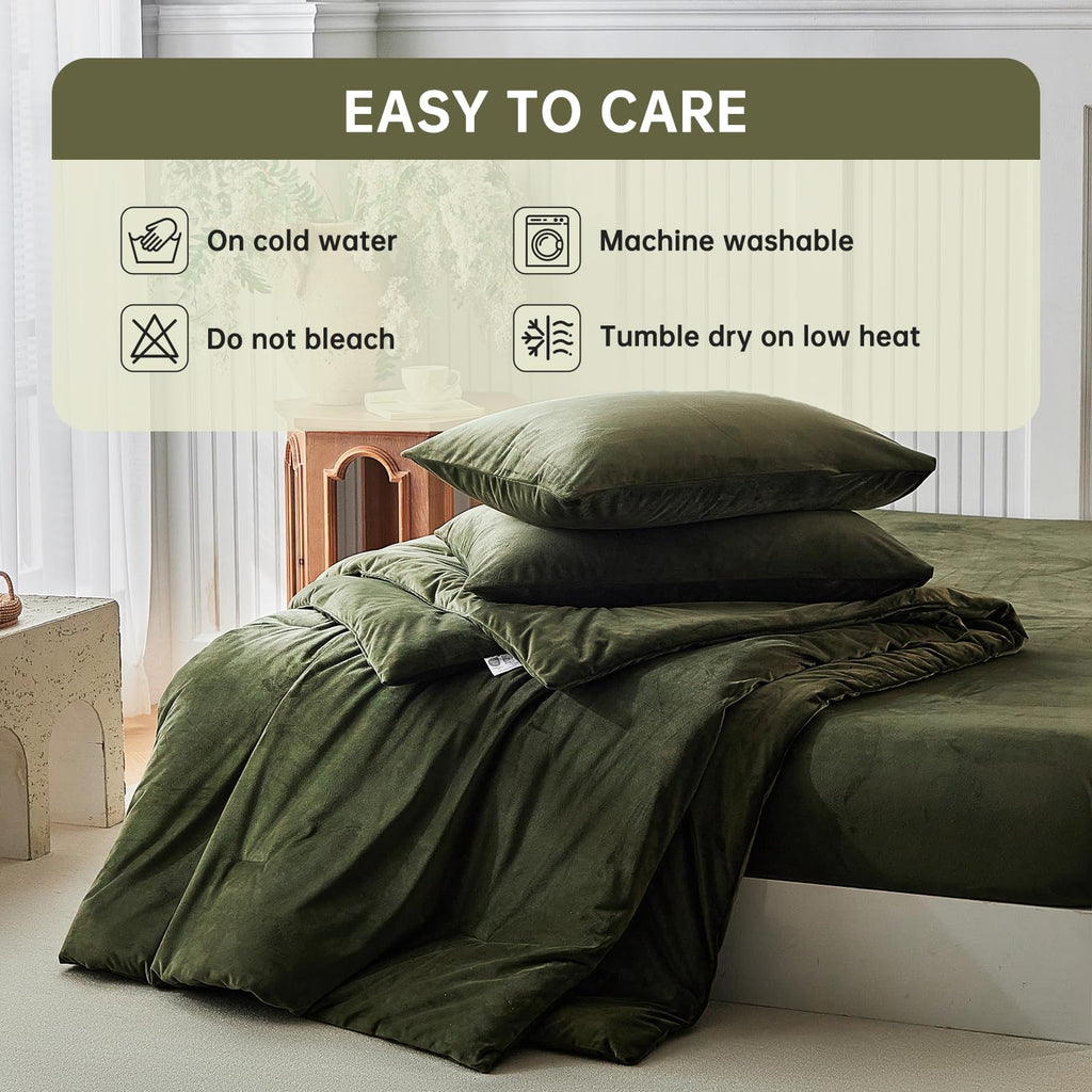 Velvet Comforter Set, Luxury Olive Green Soft Lightweight 3‐Piece