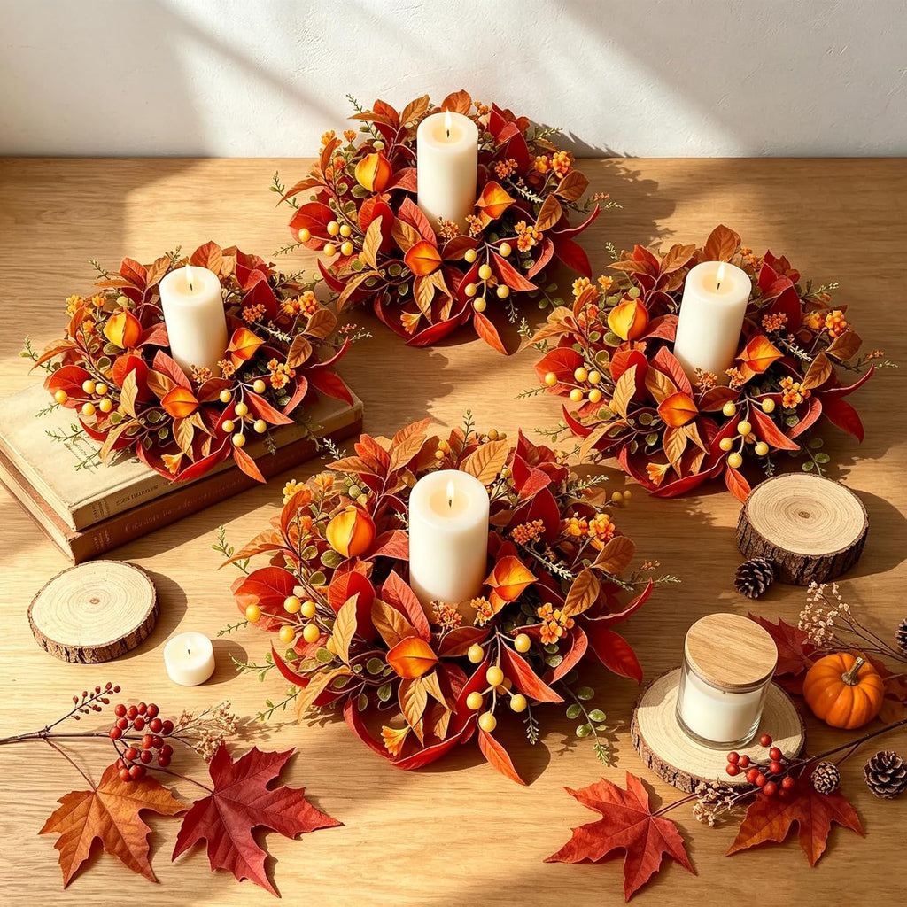 Fall Candle Ring Wreaths Artificial Autumn Candle Holder Wreath - Set of 4
