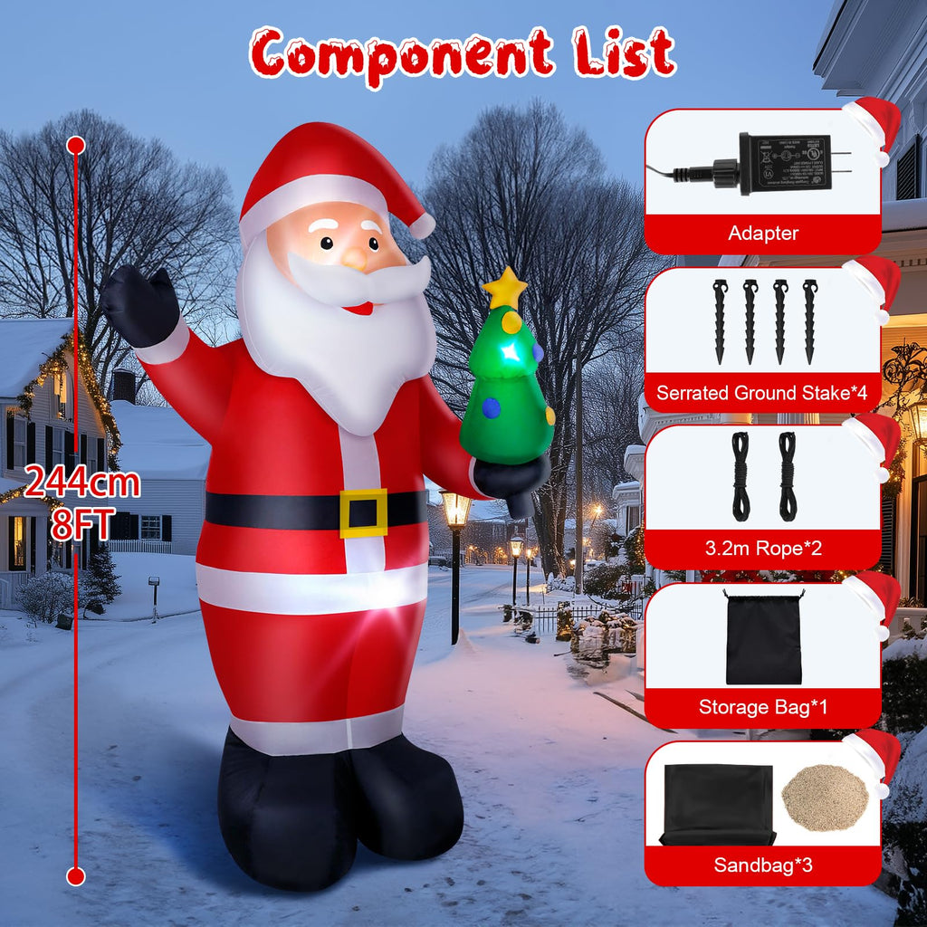 8FT Christmas Inflatable Santa Claus Outdoor Decorations, Inflatable Santa with Xmas Tree Built-in LED Lights, Blow