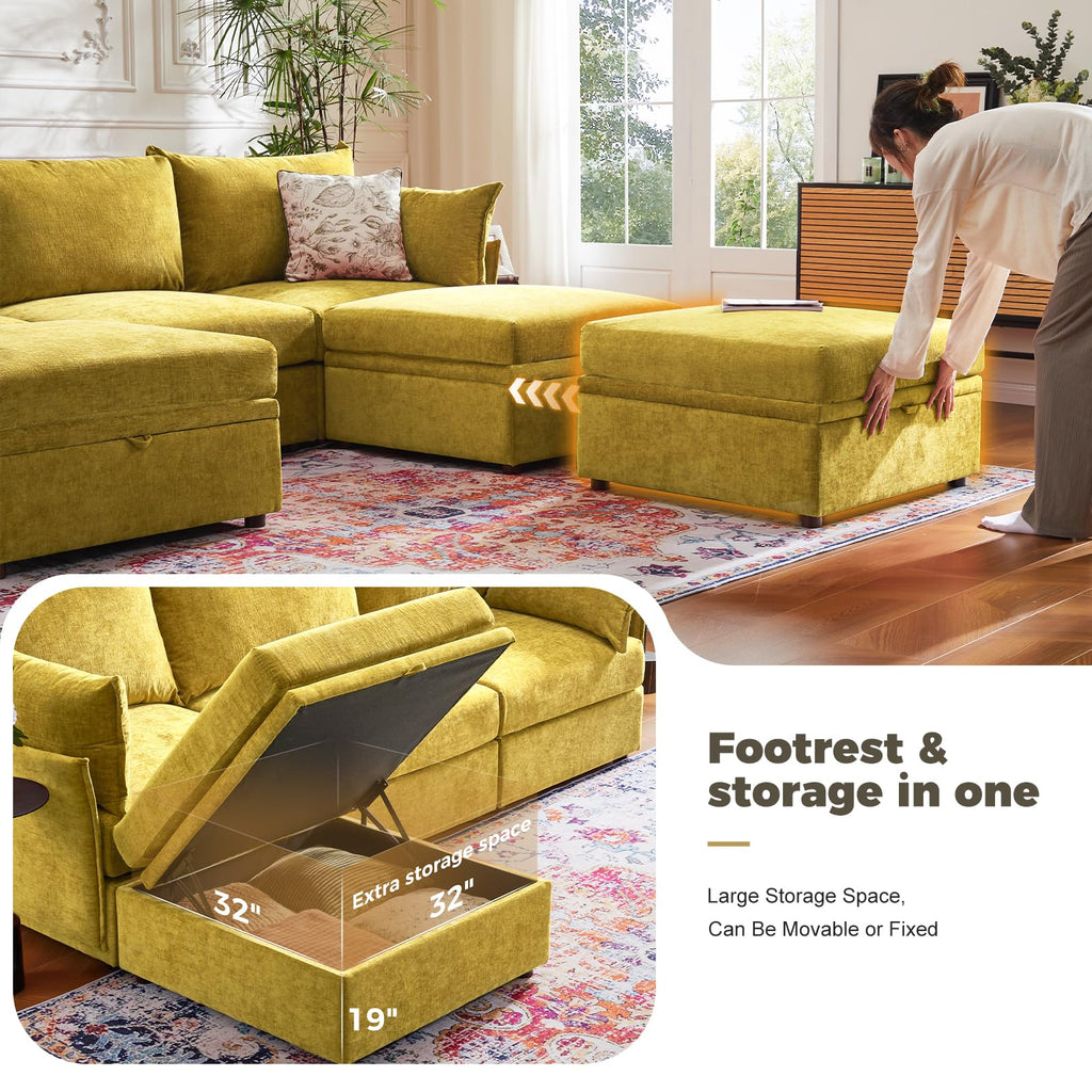 135.5" Oversized Modular Sectional Couch, L Shaped Convertible Sofa, Large 6 Seat Corner Couches Deep Seat Yellow