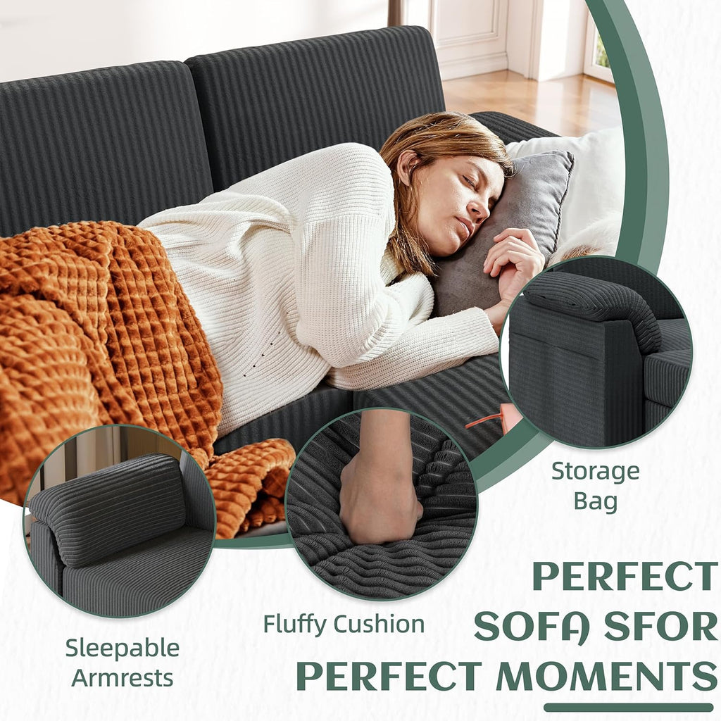 Convertible Sectional Sofa Couch, 3 Seat L Shaped Sofa with Removable Pillows Soft Corduroy Fabric Small Couch Mid