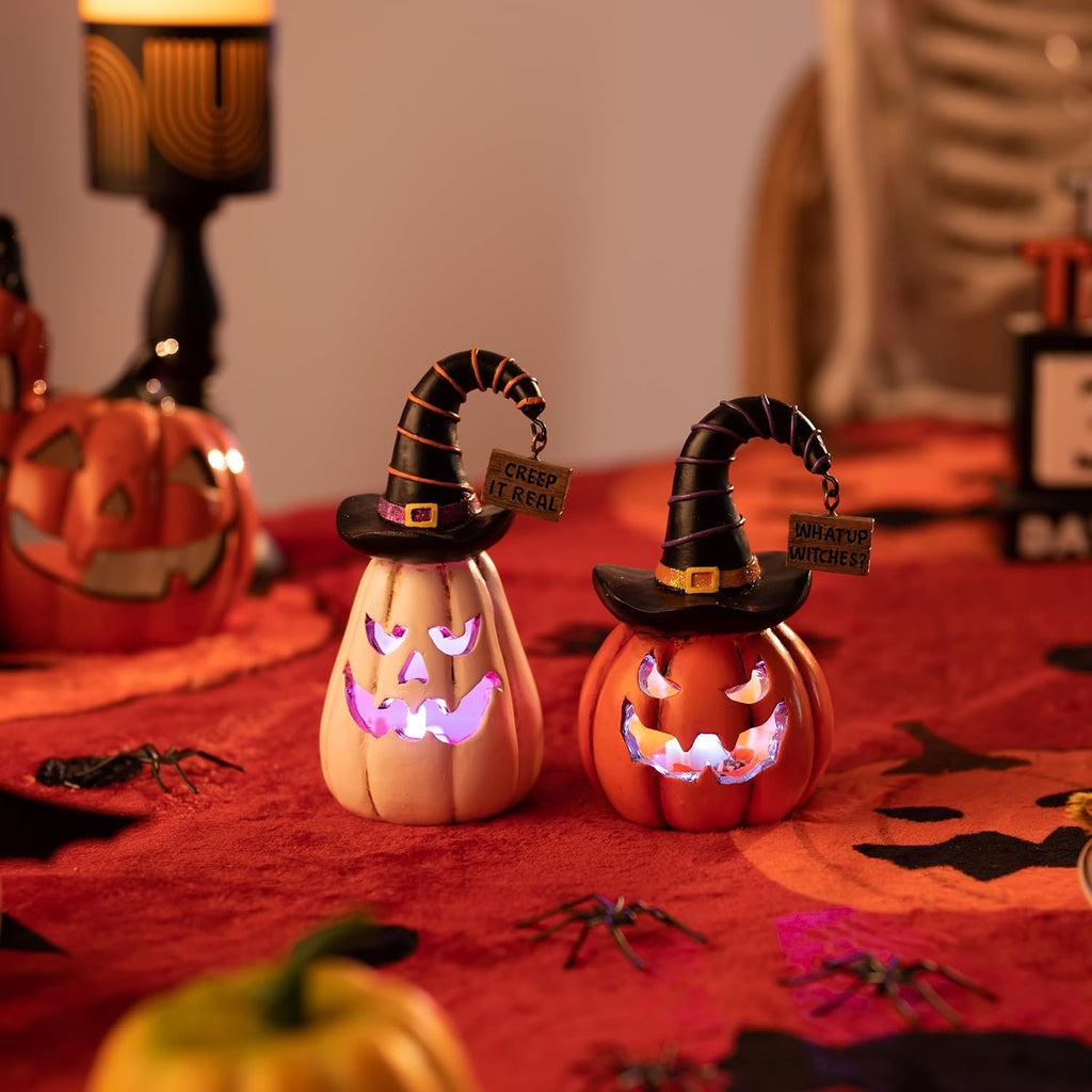 Pumpkin Halloween Decorations Indoor, Resin Halloween Figurines with Light, White and Orange Jack o Lantern - Set of 2