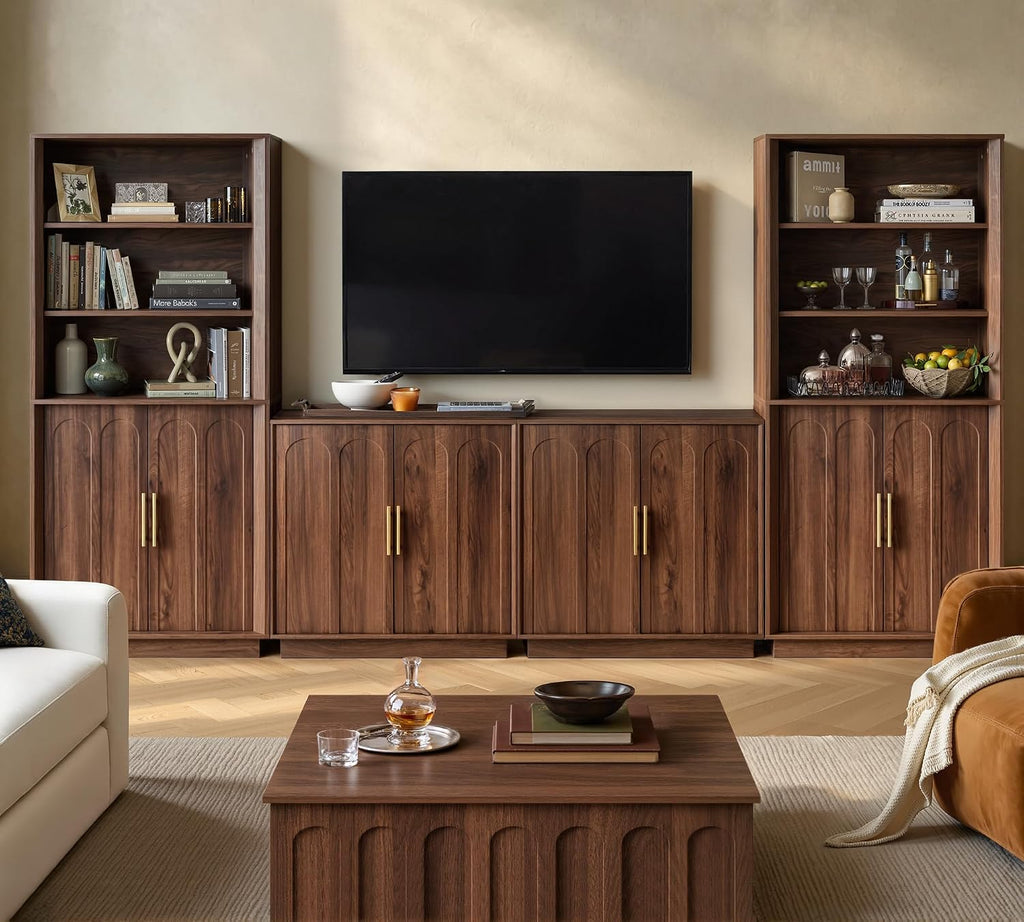 71" Tall Bookcase, 3-Tier Bookshelf with Storage, Walnut | Mid Century Modern Wood Storage Cabinet, Minimalist Arched