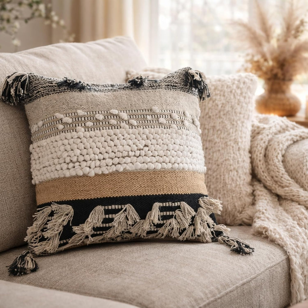 Throw Boho Pillow Cover, 18”x18” Bohemian Moroccan Rustic Decorative Pillows with Tufted Accents, Plush Handwoven