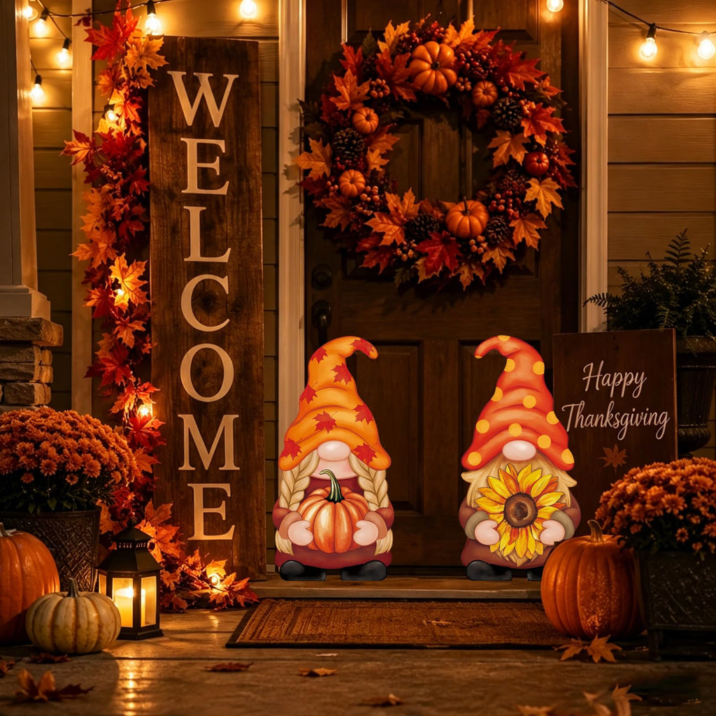 2Pcs Metal Gnomes Decorative Garden Stakes Pumpkin Sunflower Fall Thanksgiving Yard Signs Outdoor Decorations for