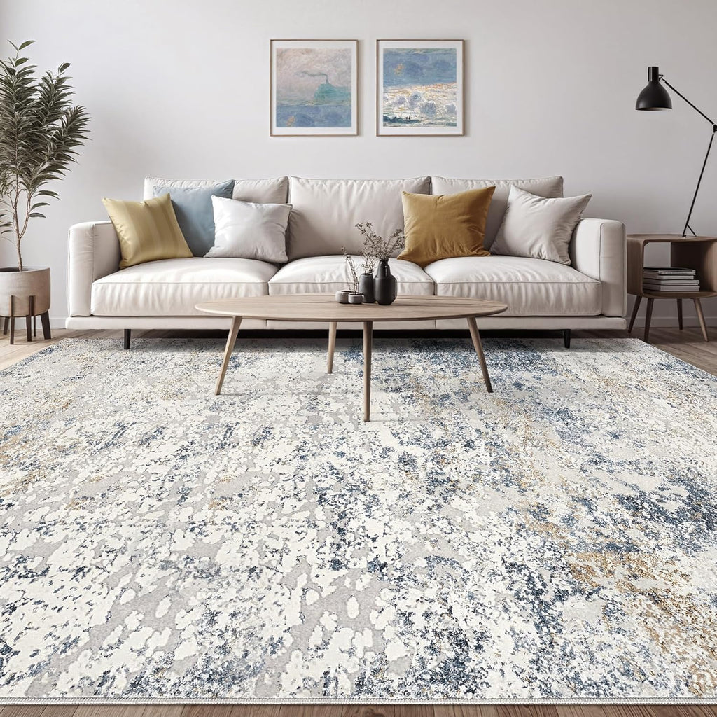 Area Rug Living Room Rugs - 8x10 Abstract Large Soft Indoor Washable Rug Neutral Modern Low Pile Carpet