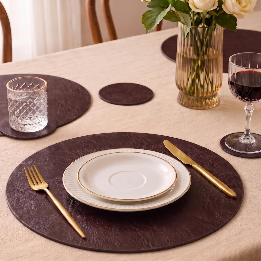 Embossed PU Leather Placemats, Waterproof Coffee Coasters, Kitchen Table Mats, Easy to Wipe Off for Dining Round Table