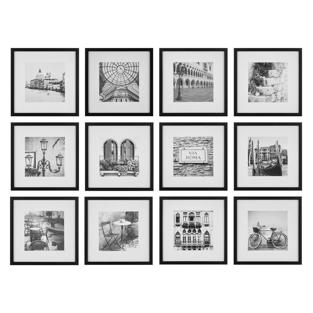 Perfect 12-Piece Black Photo Frame Set with Hanging Template - 12x12 Picture Frame Matted to 8x8 - Gallery Wall Kit
