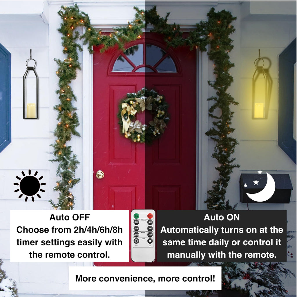 Farmhouse Lantern Decor, 15'' 13'' Set of 2 Black Metal Lantern, 2 LED 6hr Timer Flameless Candles & Remote Timer