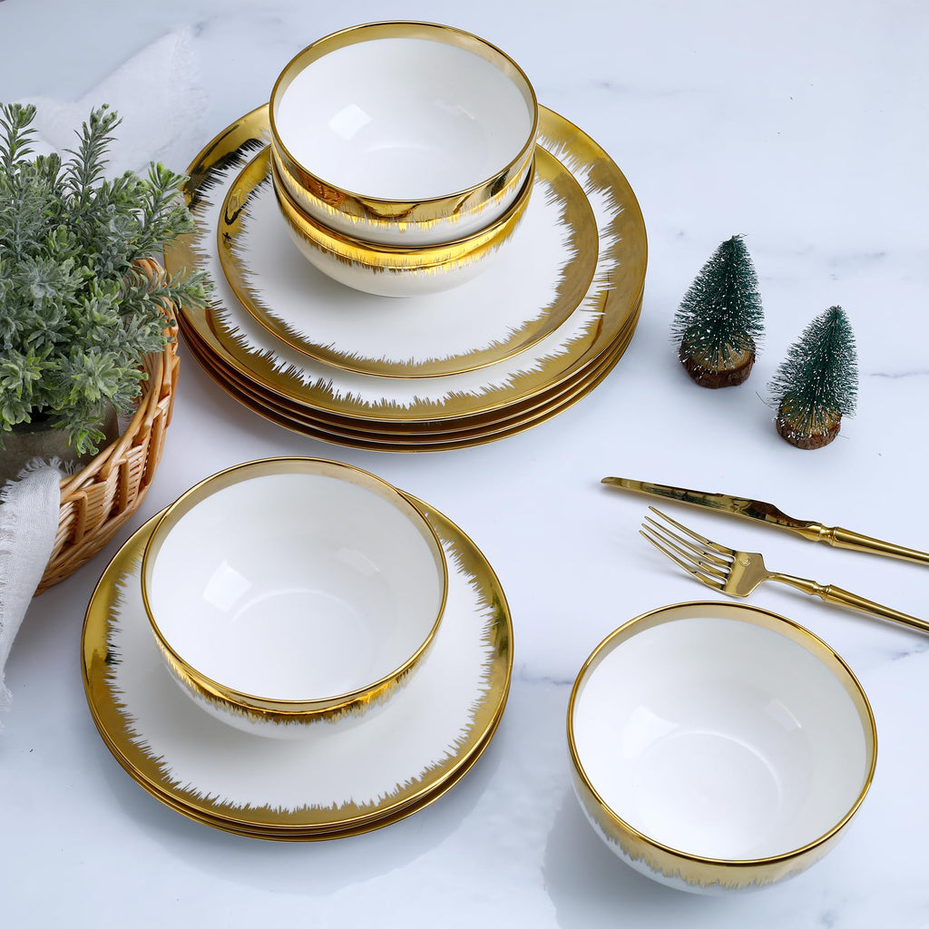 12-Piece Porcelain Dinnerware Set for 4, Luxury White Dish Set with Hand-Painted Gold Trim, Flat Plate Design for
