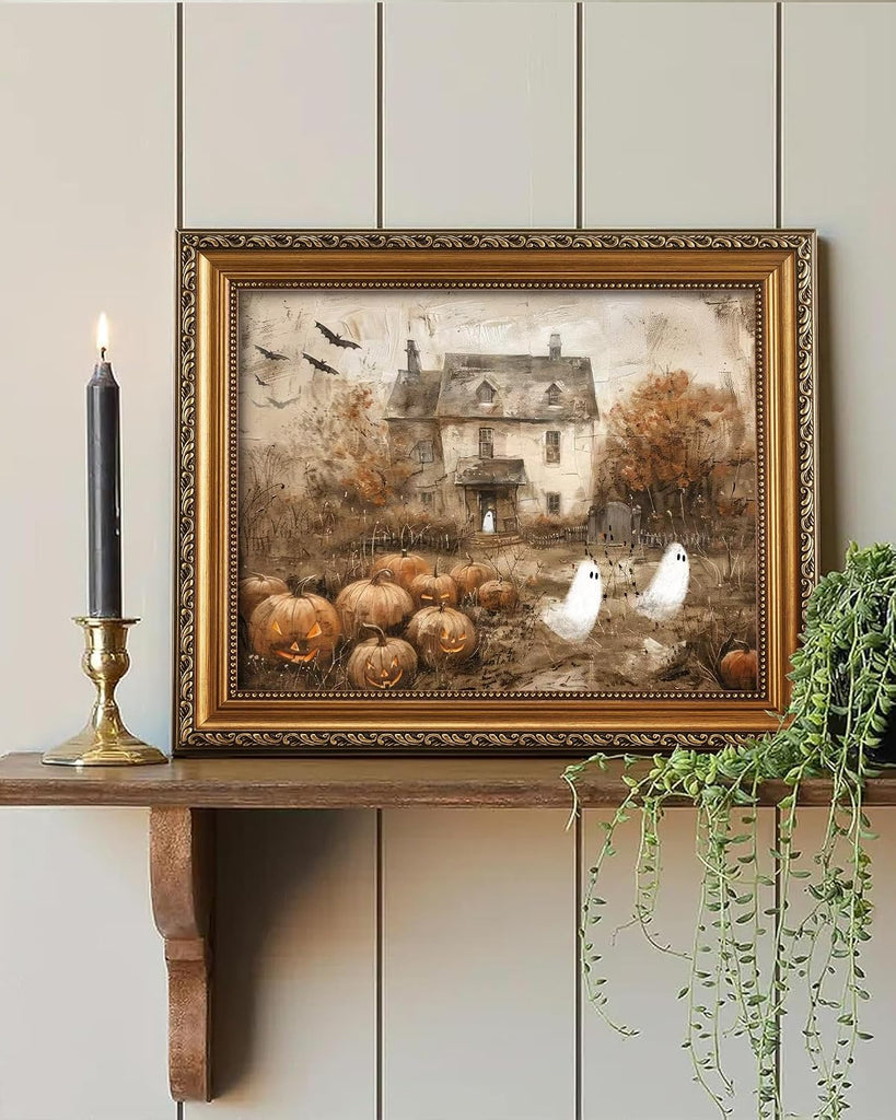 Retro Detachable Gold Framed Wall Art Decor Halloween Pumpkins with Cute Ghost Farmhouse Gold Framed Wall Decor