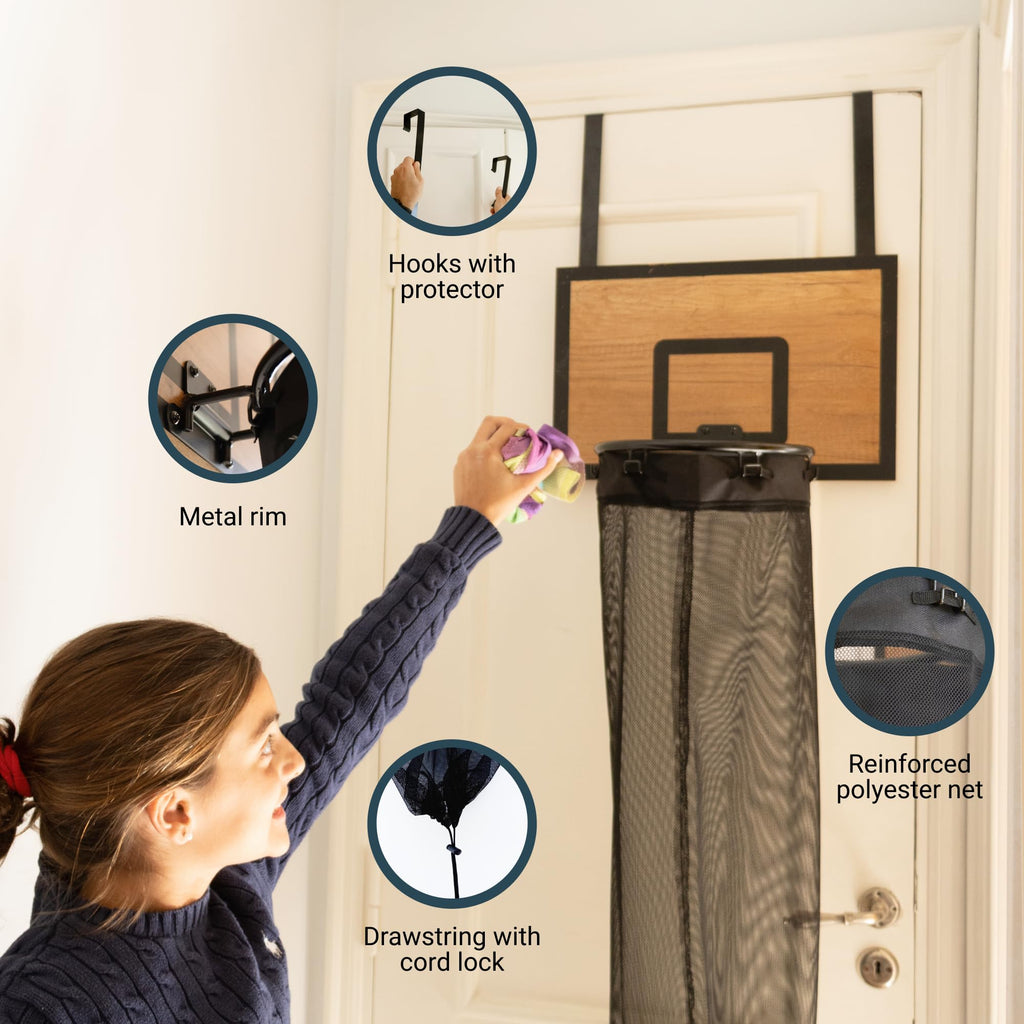Basketball Laundry Hamper - Wooden Backboard & Mesh Hoop Laundry Basket - Over Door Hanging Organizer for Kids