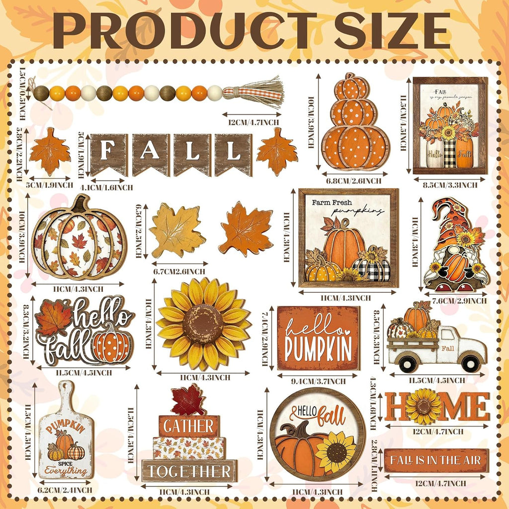 Fall Tiered Tray Decor Set Hello Fall Thanksgiving Wood Sign Pumpkin Sunflower Gnome Farm Truck Wood Bead - Set of 21