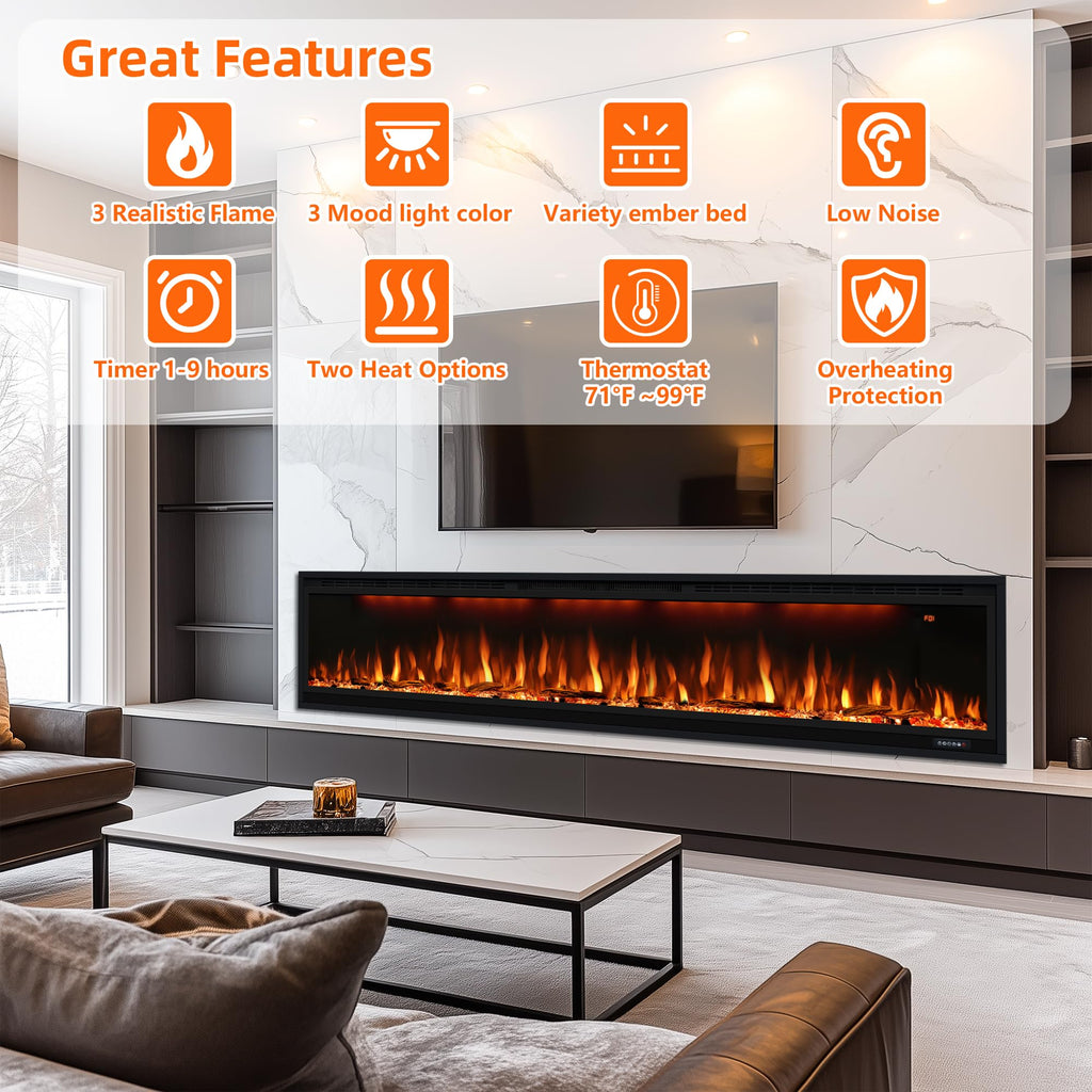 74 inch Electric Fireplace, Smart Fireplace Insert recessed in Wall and Wall Mounted fire Place Heater with Metal