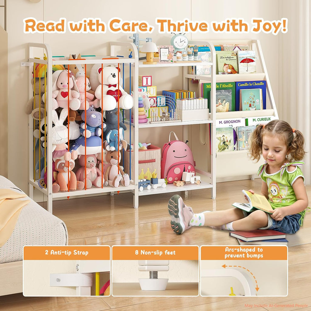 B1 Kids Bookshelf and Toy Storage, Book Shelf for Kids Rooms White | 3-Tier Sling Baby Bookcase with Stuffed Animal