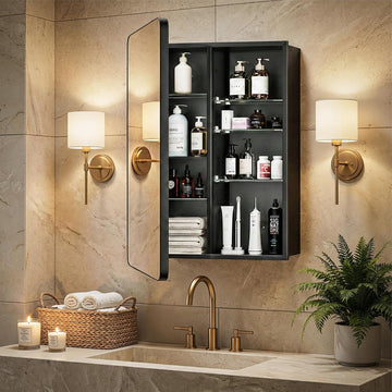 20x30 Black Medicine Cabinet with Mirror, Recessed & Surface Mount | Bathroom mirror with storage: 6 adjustable