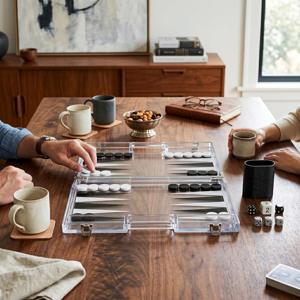 Modern Acrylic Backgammon Set - Clear Lucite Board Game - Premium Dice Cups & Accessories - Luxury Portable