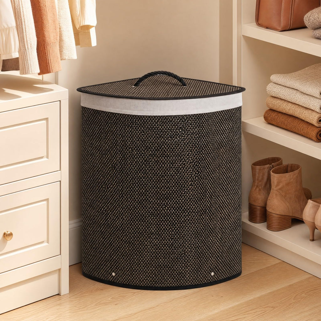 57 L Corner Bamboo Laundry Hamper with Lid, Removable Liner