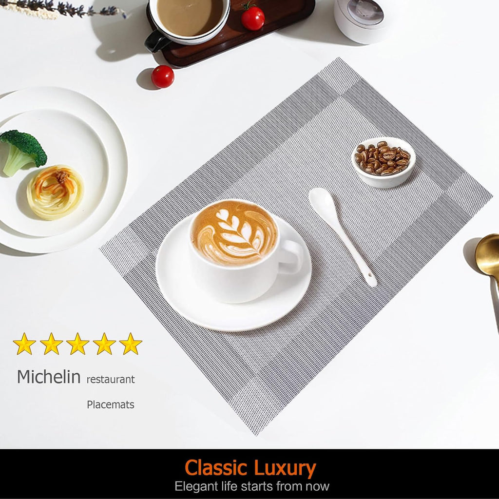 Silver Grey Vinyl Placemats, Heat Resistant Table Placemats - Set of 6